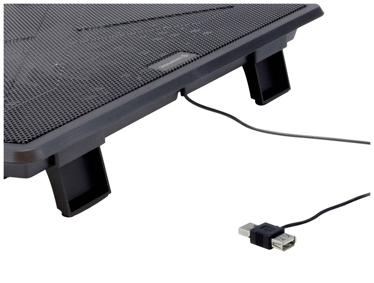 USB řízený chladič notebooku se zvýšenou mříží, dvěma podpůrnými nožkami a připojeným USB kabelem.