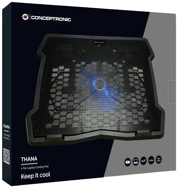 Černý chladič na notebook od Conceptronicu s modrým LED osvětlením. Text na obalu: 'THANA Keep it cool'. Obsahuje tři ventilátory.