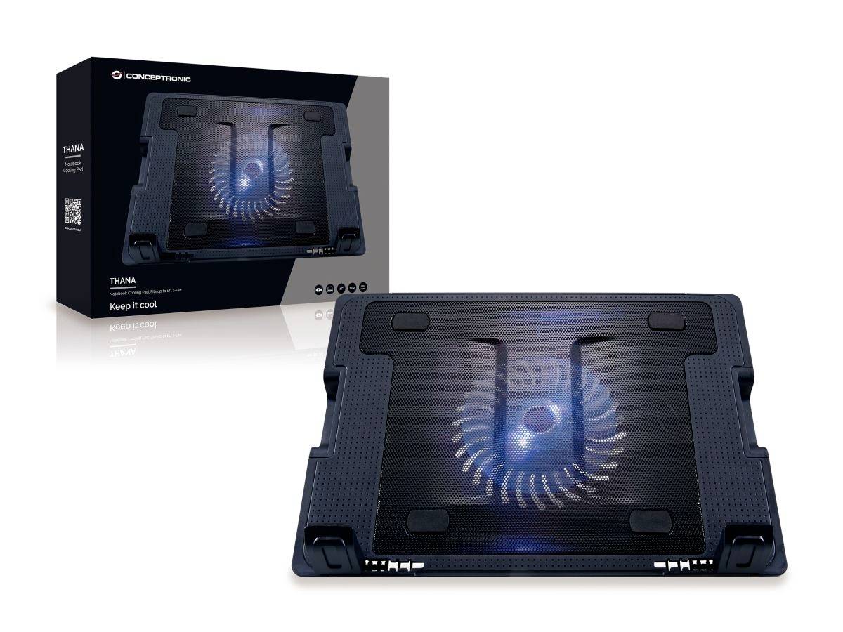 Chladič na notebook s modrým LED osvětlením uprostřed, navržený pro chlazení a ergonomické použití. Obal zobrazuje detaily produktu.