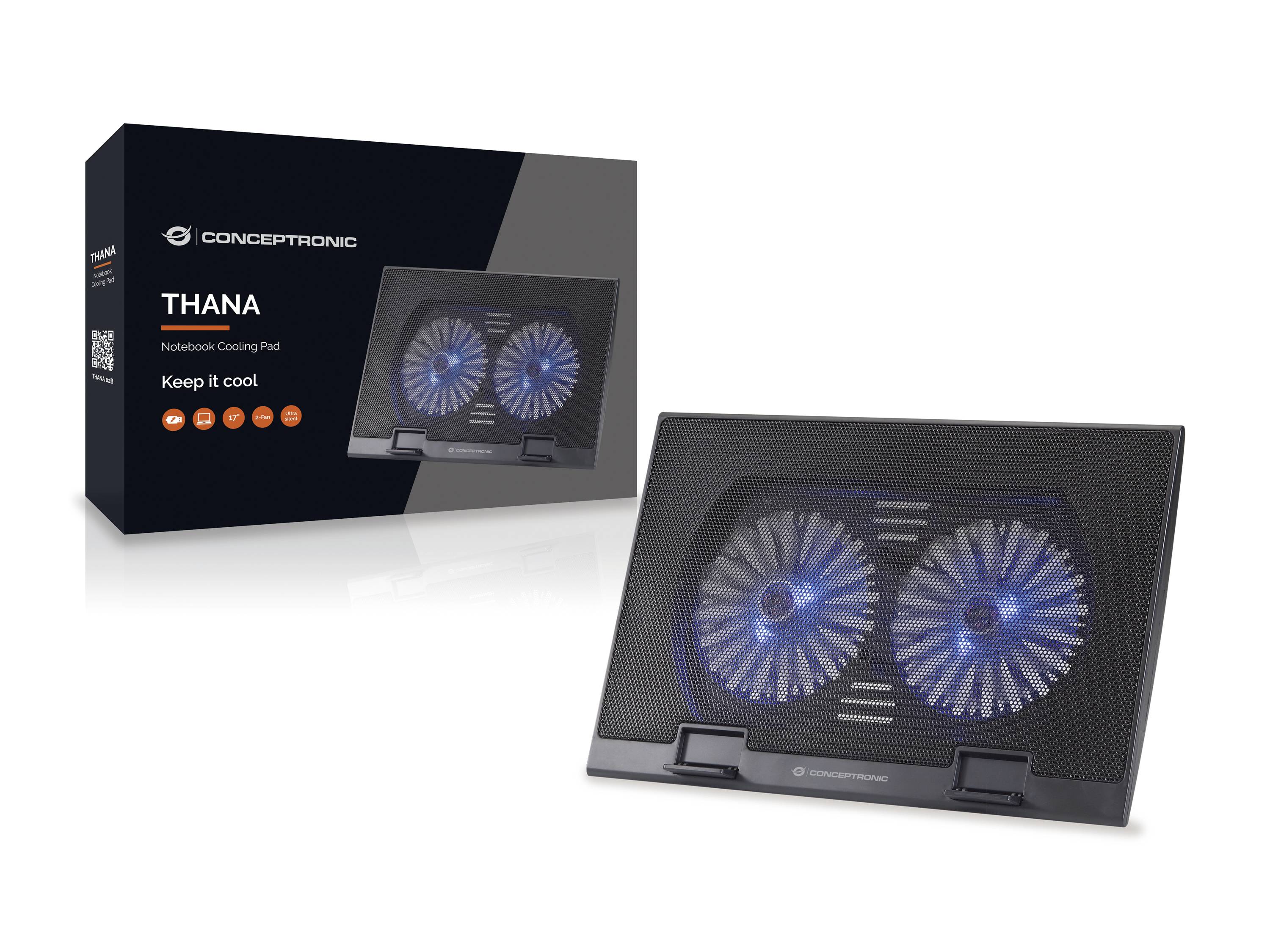 Konceptronický notebookový chladicí podstavec 'Thana' se dvěma modrými LED ventilátory a obalem. Text 'Udržuj to v chladnu'.