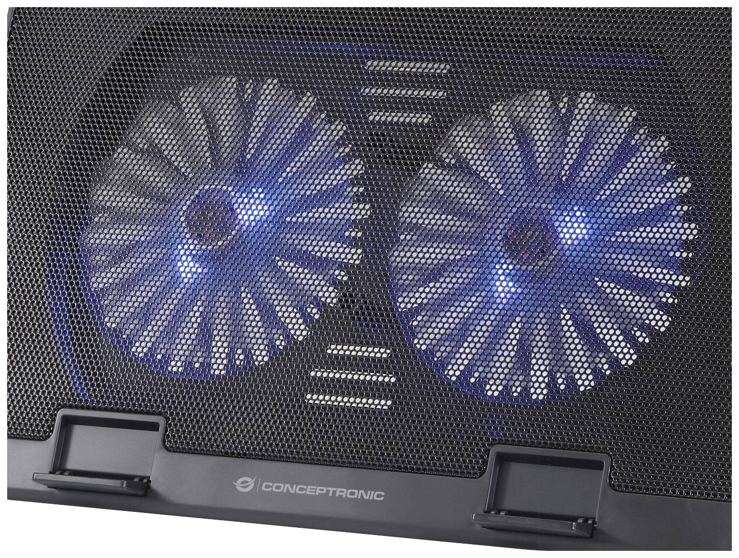 Chladicí podložka pod laptop s černým mřížovaným designem a dvěma modrými ventilátory pro zlepšené chlazení.