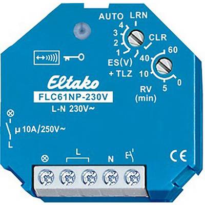 Modrý Eltako FLC61NP-230V spínací aktor. Zobrazuje napětí, spínací stupně a připojení. Slouží k ovládání elektrických zařízení.