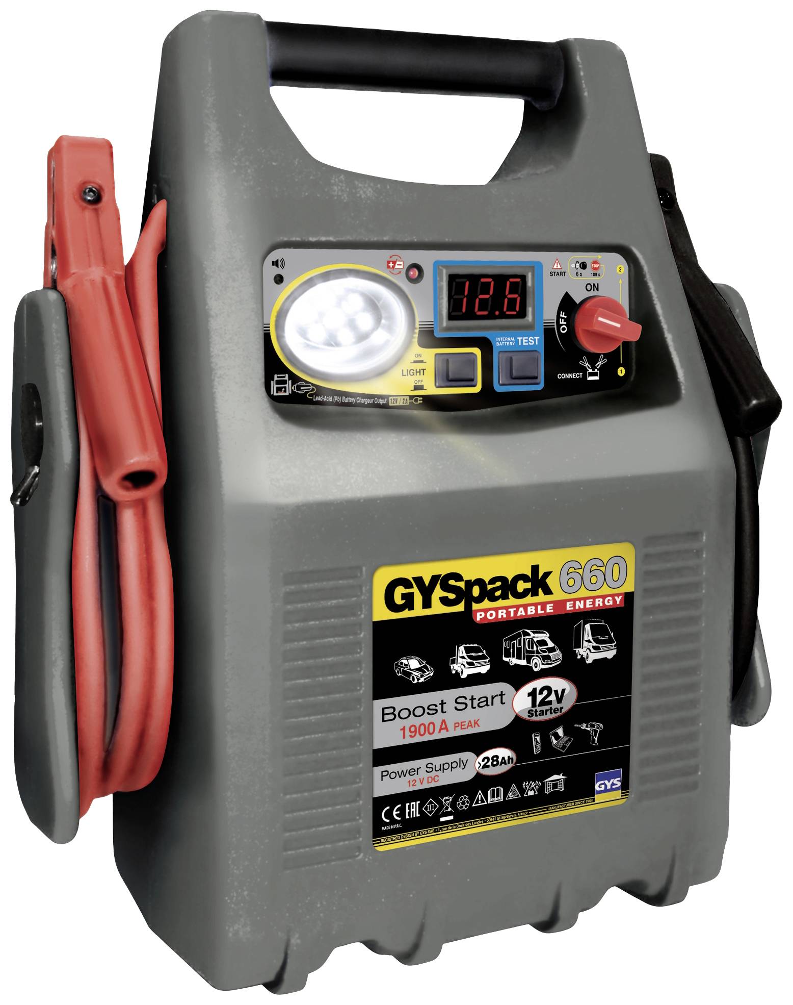 Přenosné startovací zařízení GYS Pack 660 s digitálním displejem, LED svítilnou a 12V vstupy, vhodné pro startovací proud 1900A.