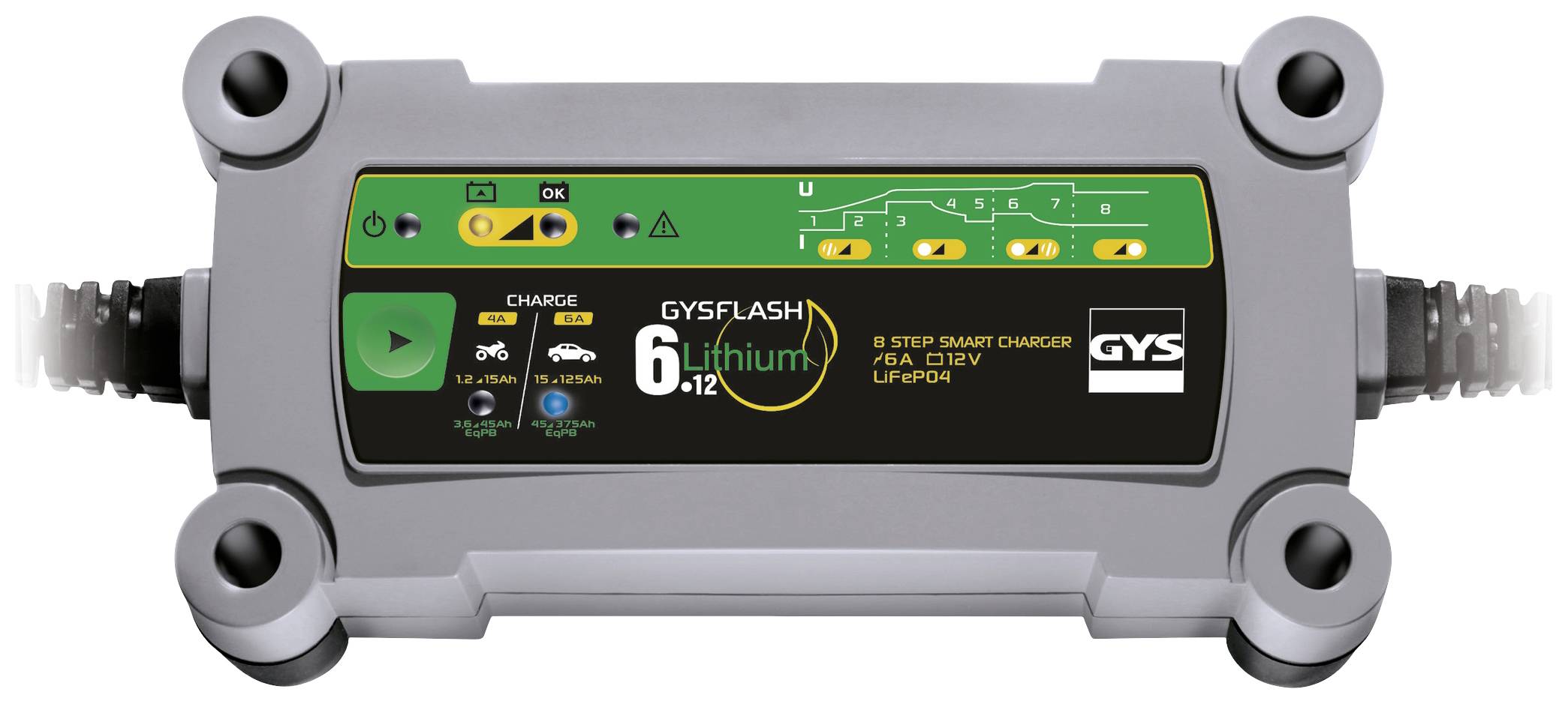 Nabíječka autobaterie s indikačními světly a ovládacími tlačítky, GYSFLASH 6.12 Lithium, pro 12V baterie.