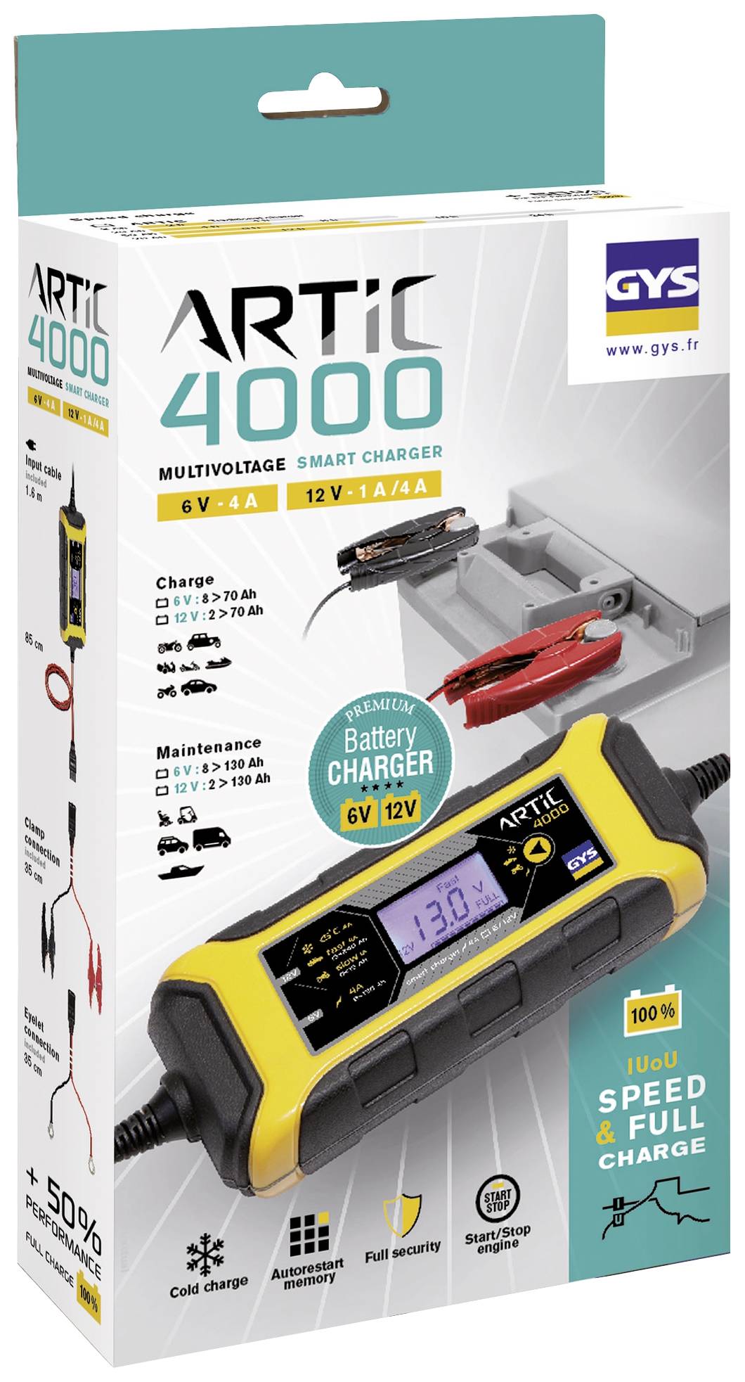 Nabíječka 'ARTIC 4000', pro 6V a 12V baterie, 1A/4A, s digitálním displejem. Vhodná pro automobily, motocykly a lodě.