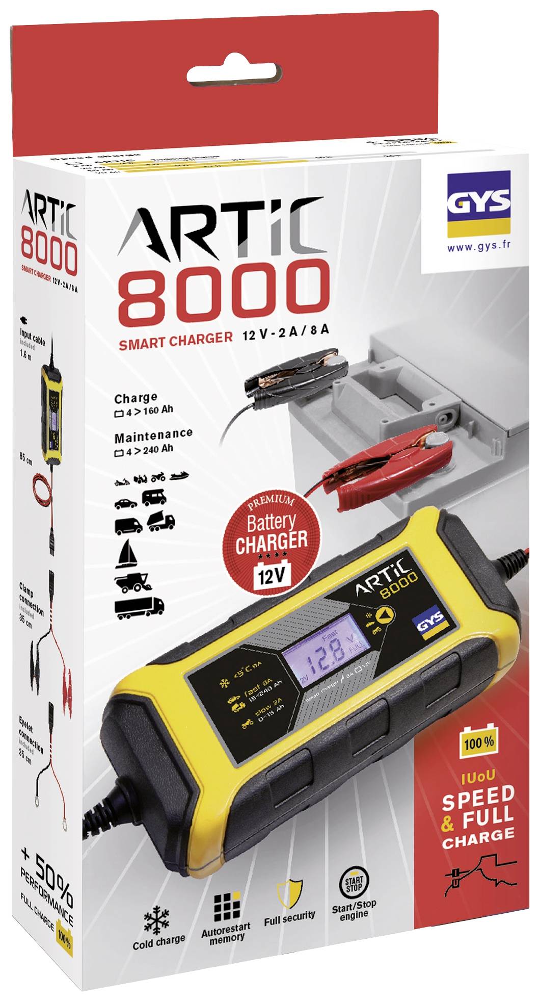 Nabíječka ARTIC 8000 pro 12V baterie s výkonem 2A/8A. Digitální displej, vhodná do chladného počasí. Obrázek zobrazuje balení.