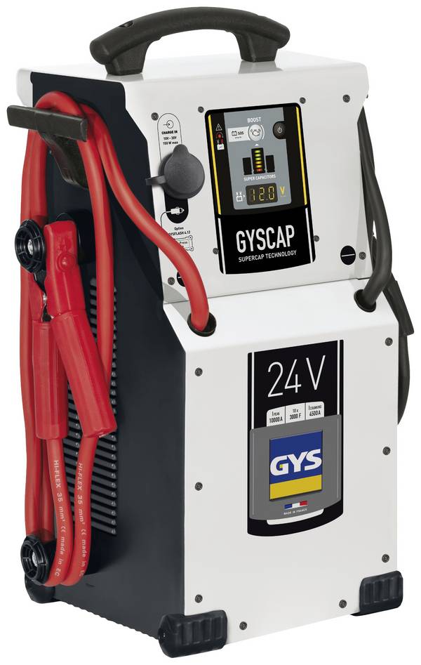 GYS systém pro rychlé startování auta Gyscap 24V, 028944, max. startovací proud 2500 A, max. startovací proud Pomocný stratovací proud (24 V)=2500 A, kondenzátorová technika (bez akumulátoru), indikátor stavu nabití