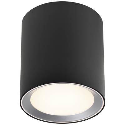 Válcová černá stropní lampa s teplým bílým světlem, vhodná pro moderní interiéry.