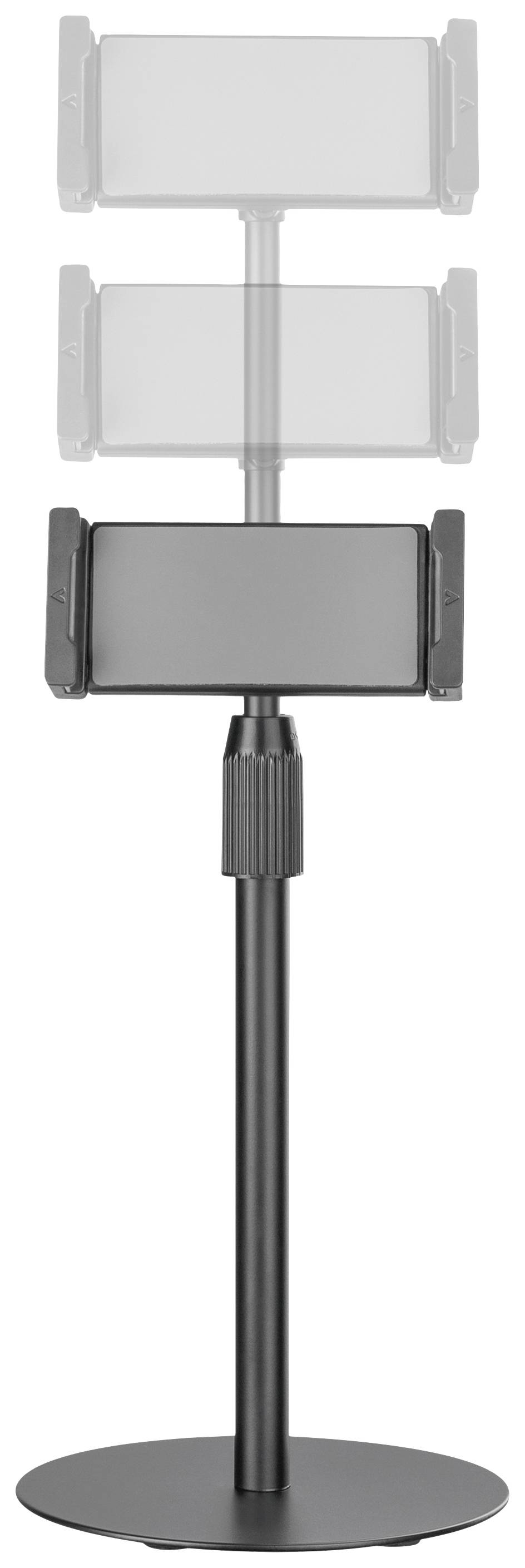 Černný, výškově nastavitelný stojan s držákem pro tablety nebo smartphony, umístěný na kulatém podstavci. Vhodný pro použití bez přidržování.