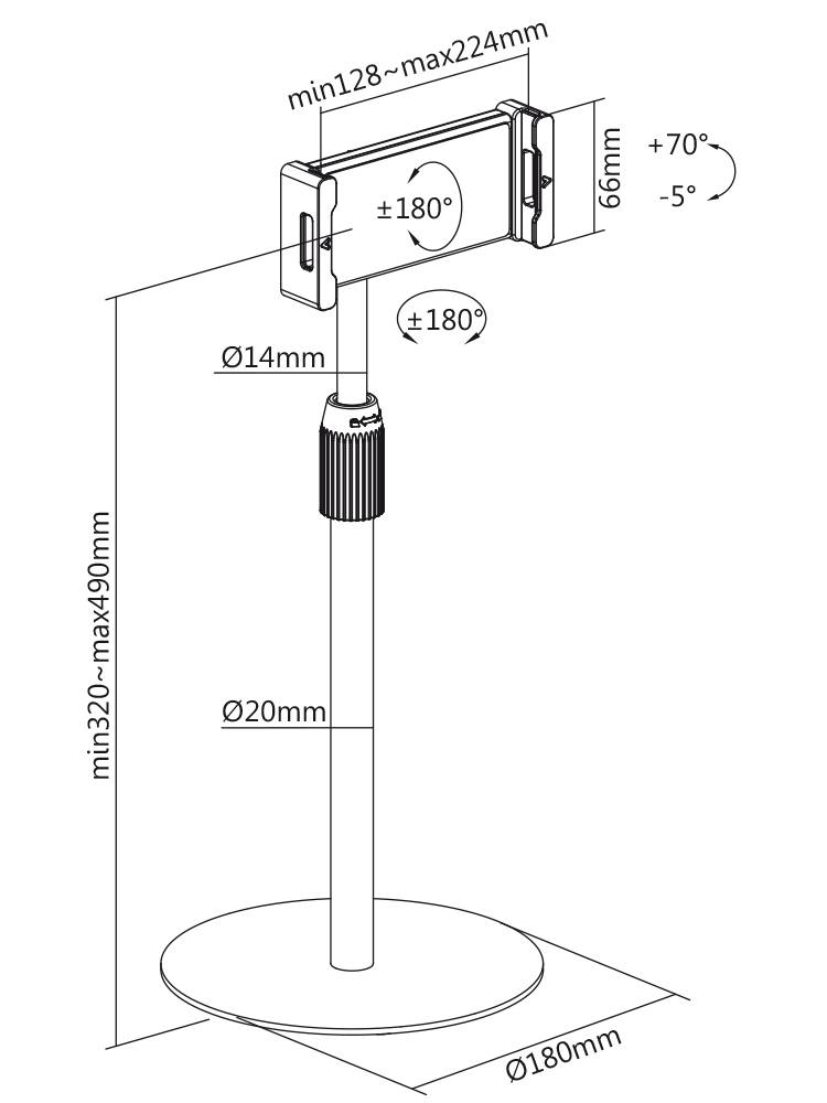 Držák mobilních zařízení na kruhovém podstavci, otočný o 180 stupňů, s nastavitelnou výškou od 320 mm do 490 mm. Maximální šířka 224 mm.