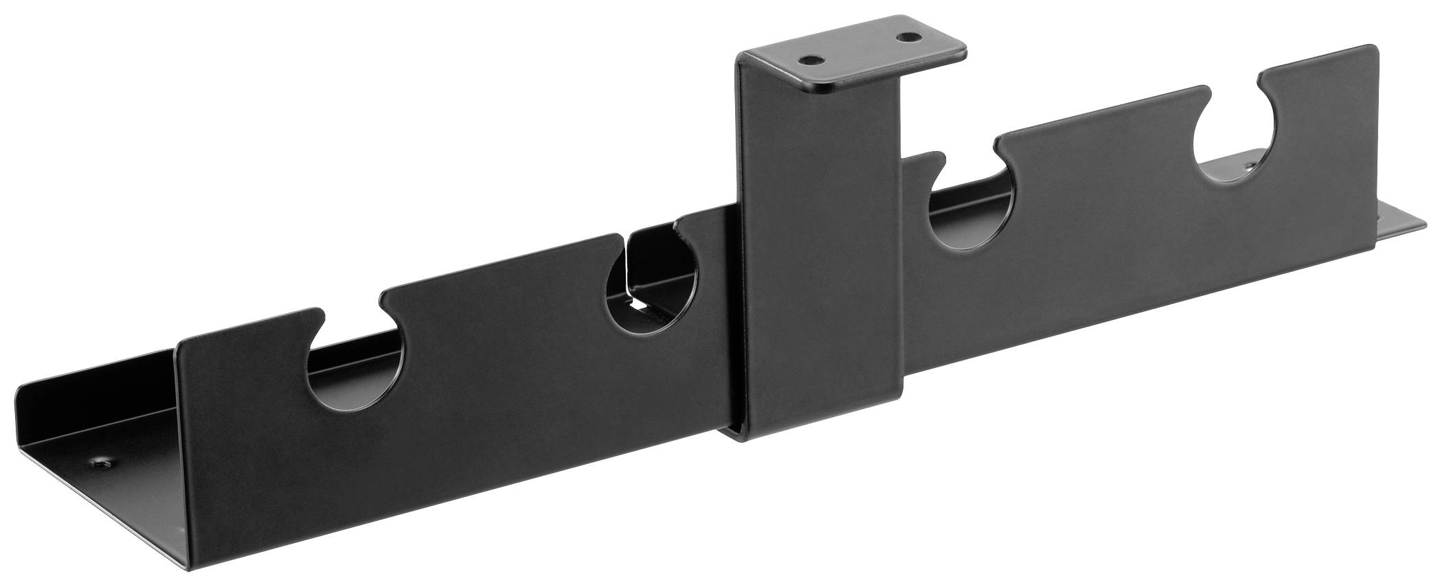 Černý držák pro správu kabelů s několika sloty pro organizaci kabelů, který lze namontovat na povrch.