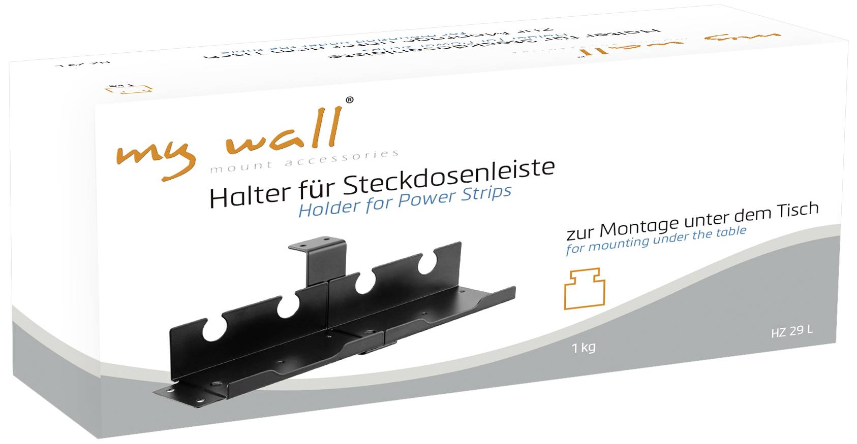 Balení držáku 'my wall' pro rozvodnou lištu, určené k montáži pod desku stolu. Obsahuje obrázek černého držáku a produktový text.