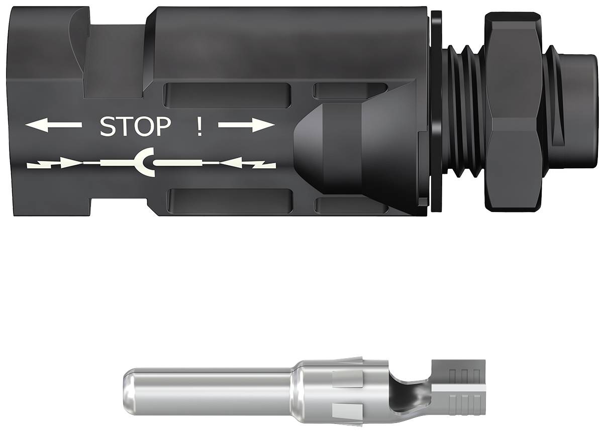 Černošedý mechanický díl s šipkami a nápisem 'STOP' ukazuje směr toku. Příslušenství je umístěno samostatně níže.