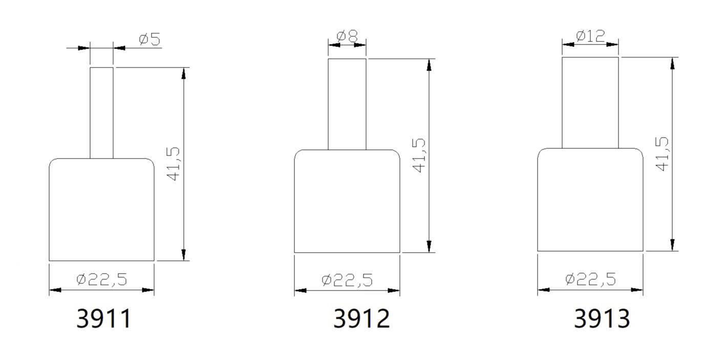 Tři technické výkresy válcovitých dílů o různých průměrech (5 mm, 8 mm, 12 mm) se shodnou výškou (41,5 mm).