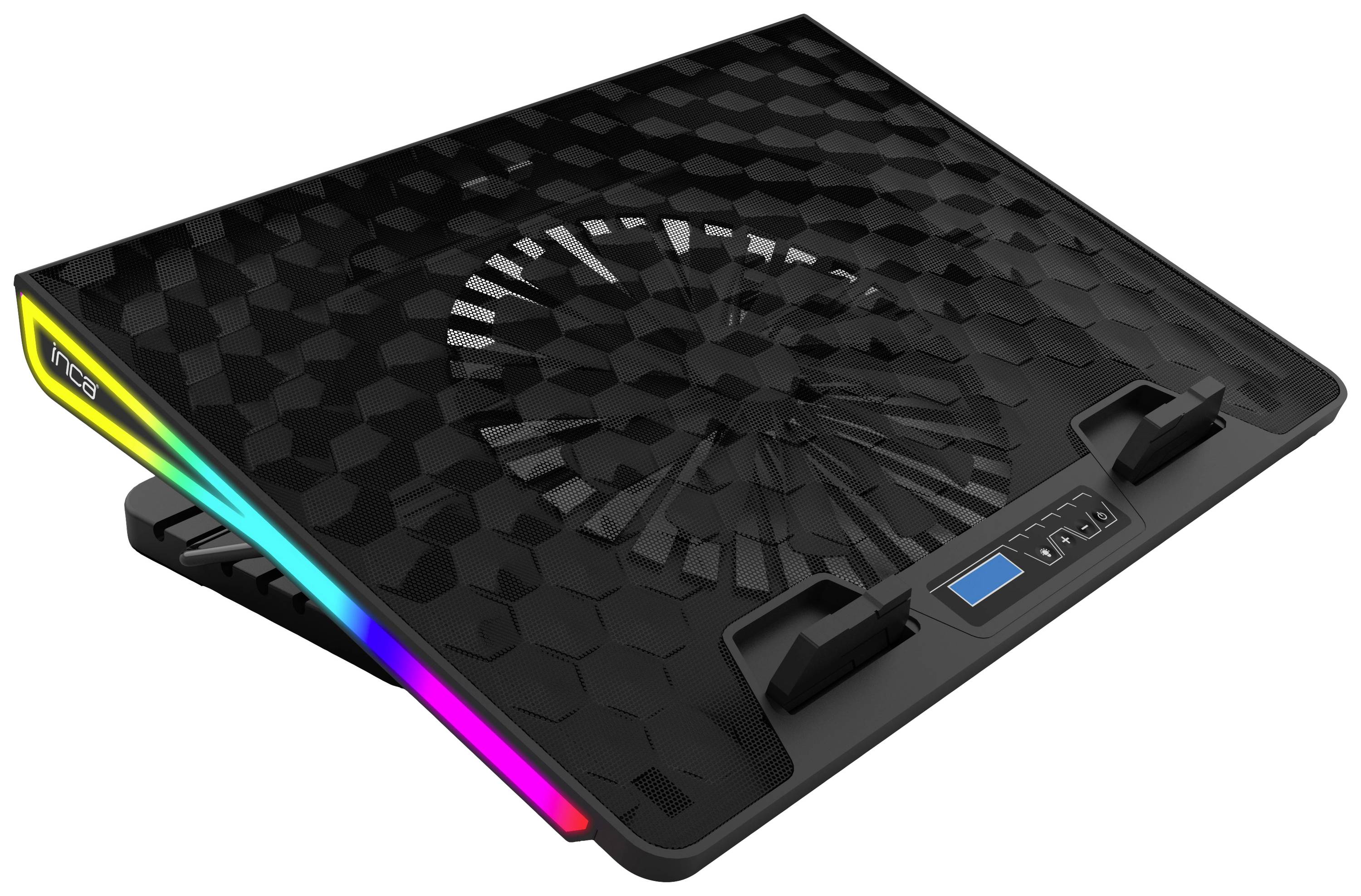 Chladicí podložka pod notebook s šestiúhelníkovým vzorem, RGB osvětlením po stranách a centrálním ventilátorem pro odvod tepla.