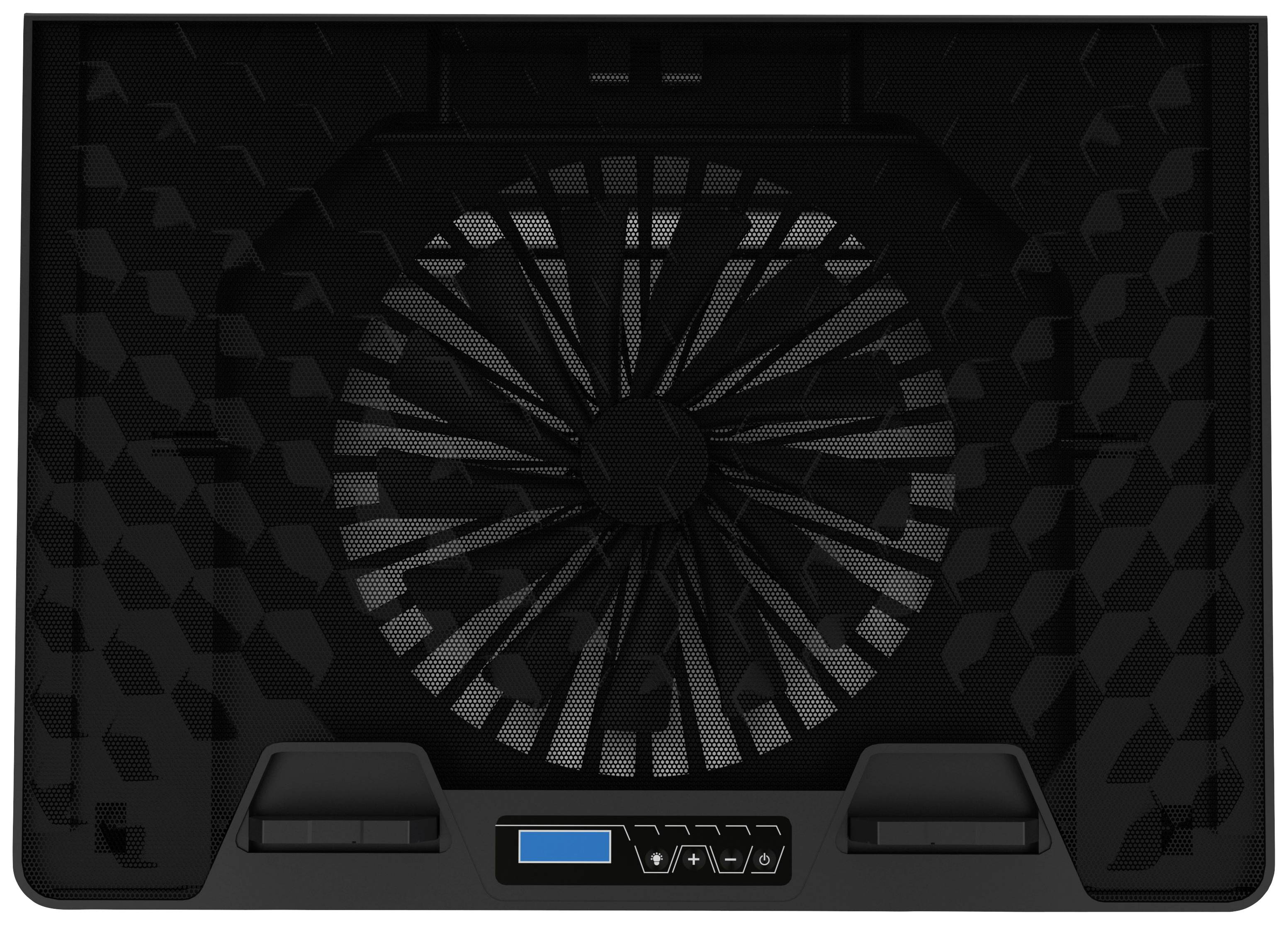 Černý chladič na notebook s velkým centrálním ventilátorem a modrým displejem dole, vhodný pro chlazení notebooku.