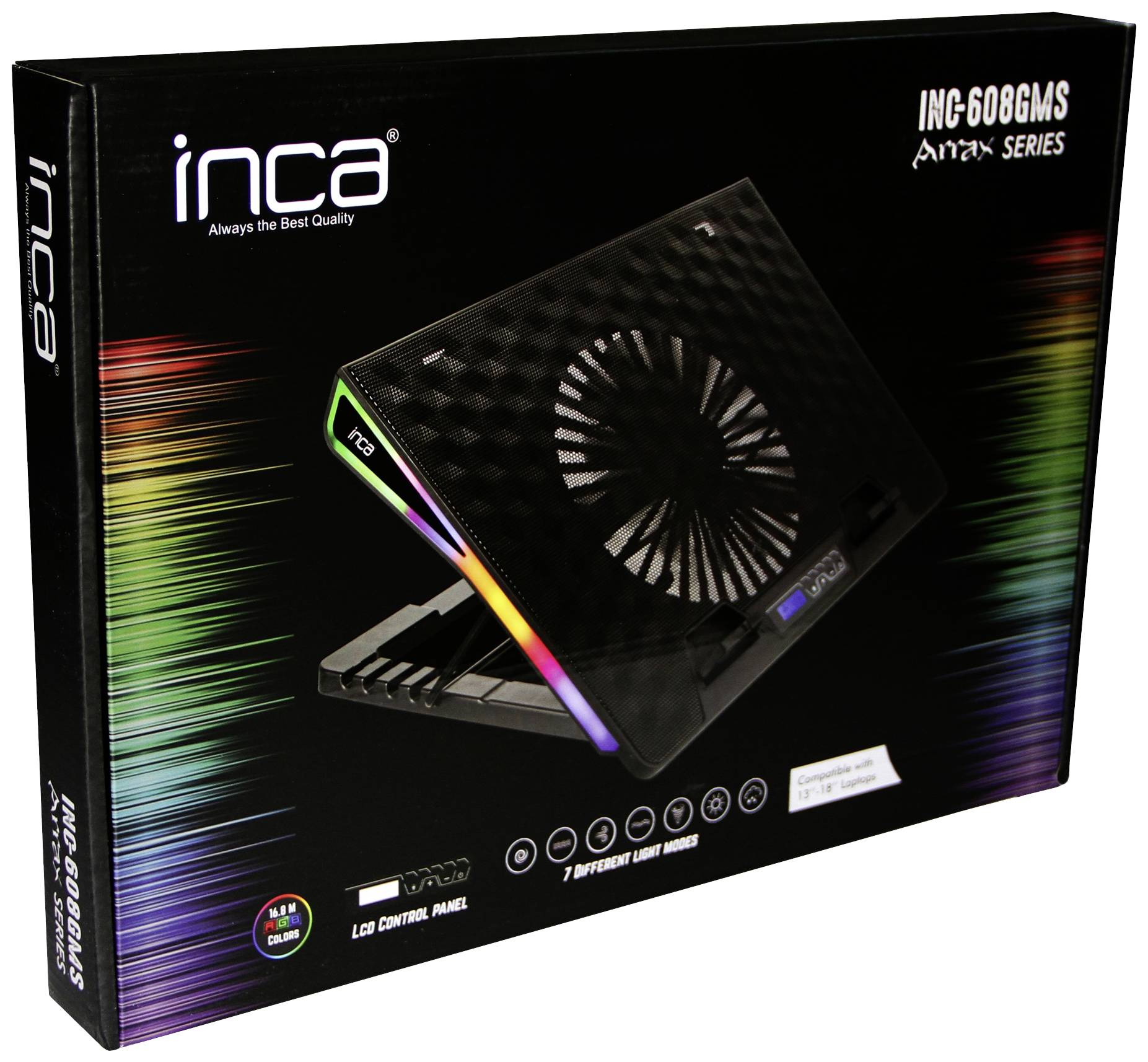 Chladič na notebook Inca s RGB podsvícením, velkým ventilátorem a LCD ovládacím panelem, 7 světelných módů, model č. INC-608GMS.