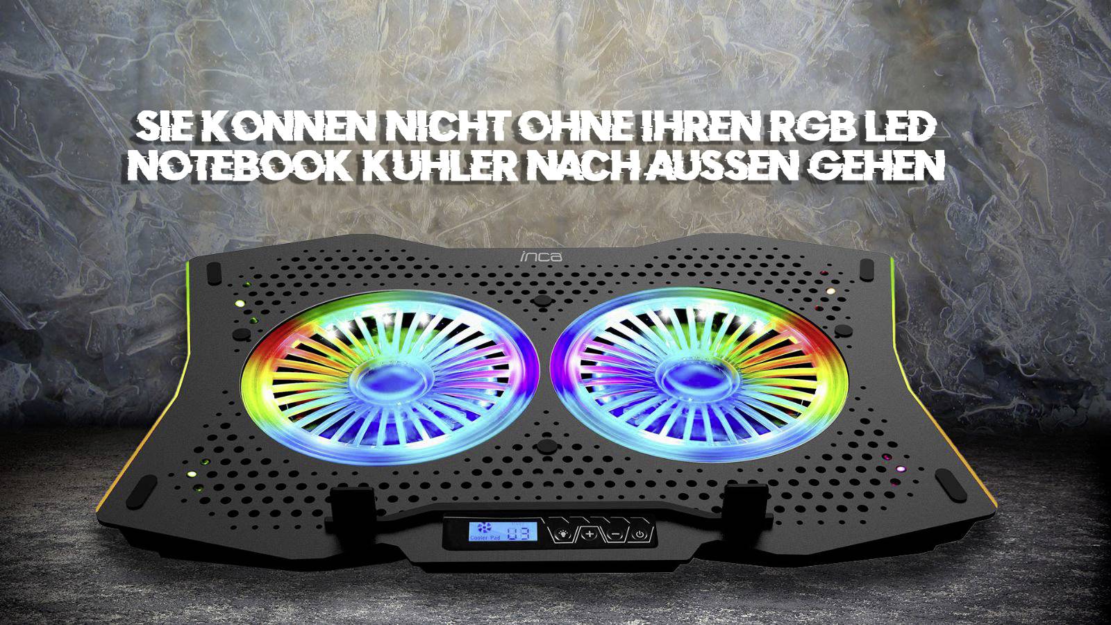 RGB LED chladič notebooku se dvěma svítícími ventilátory před strukturovaným pozadím a nad ním text 'Nemůžete jít ven bez svého RGB LED chladiče na notebook'.