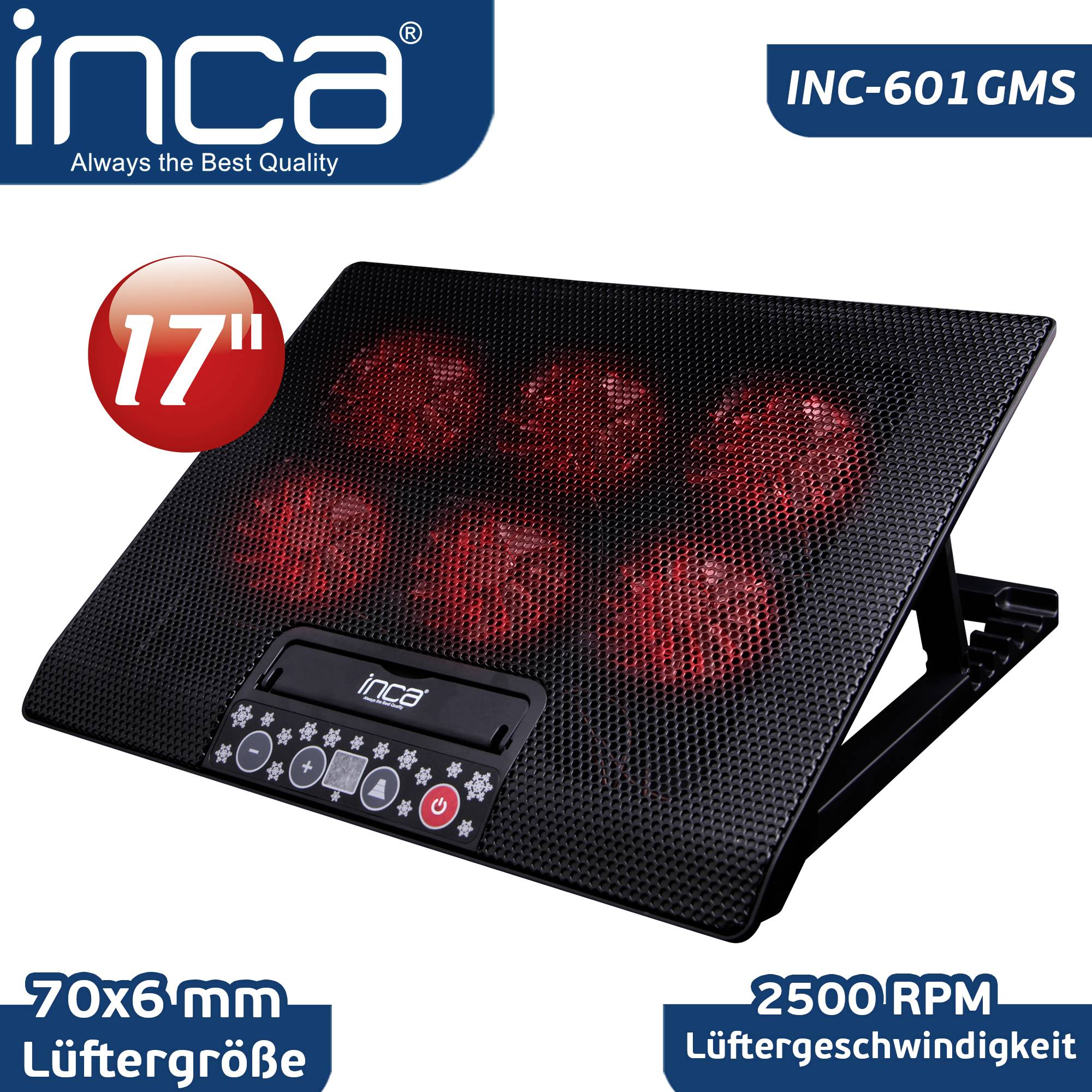 Chladič notebooku 'INCA INC-601 GMS' kompatibilní s 15-17 palcovými zařízeními obsahuje pět ventilátorů o velikosti 70 mm, každý s otáčkami 2500 RPM.