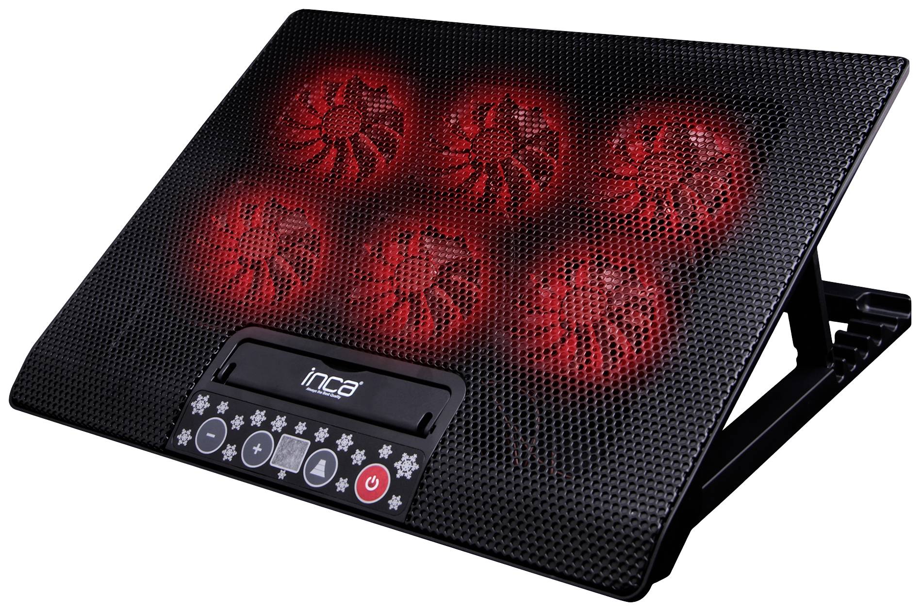 Chladič na notebook se šesti červeně podsvícenými ventilátory a nastavitelným stojanem. Dole se nachází ovládací panel s řídícími tlačítky.