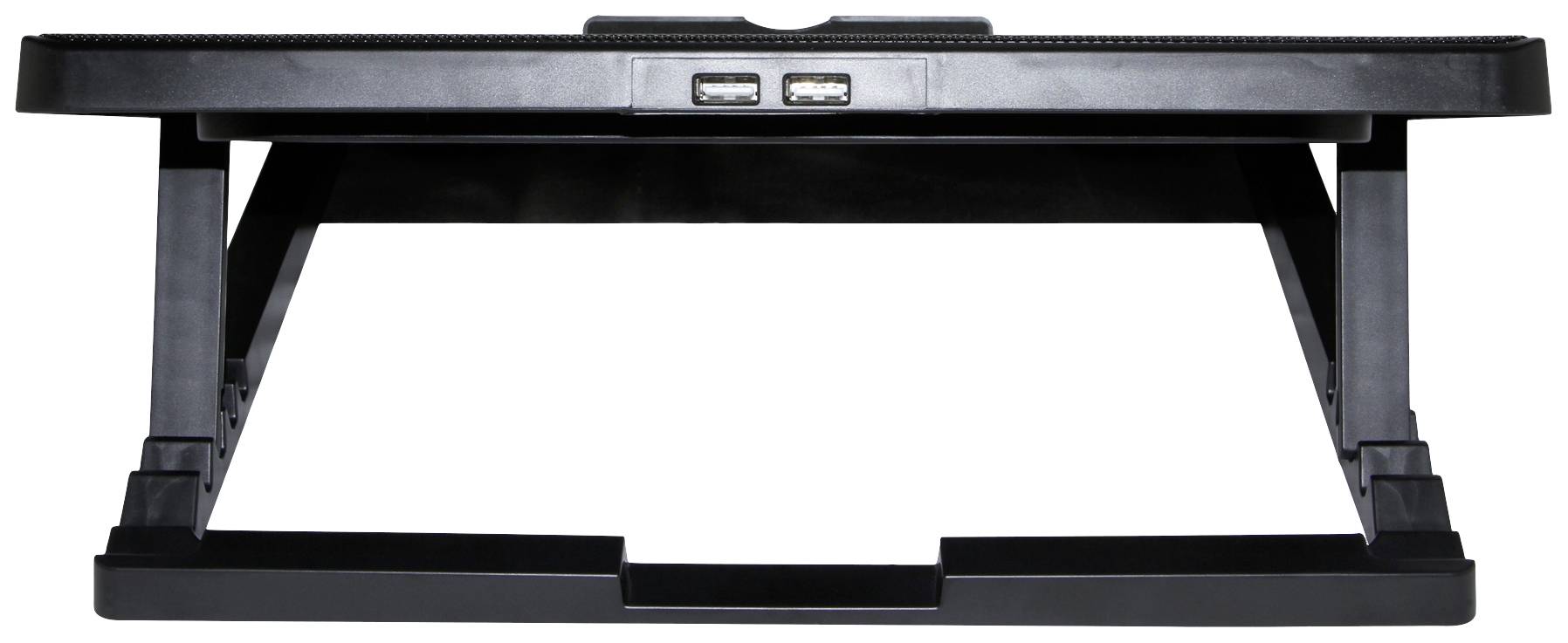 Černý stojan na notebook s nastavitelnou výškou, pohled zepředu. Vpředu jsou viditelné dva USB porty. Notebook není přítomen.