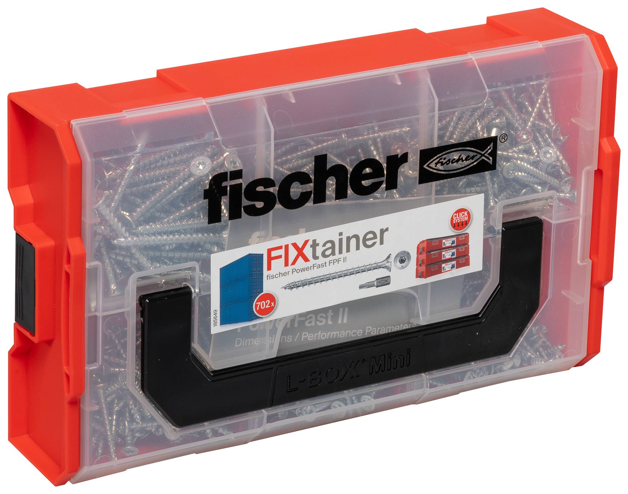 Průhledná Fischer FIXtainer krabička naplněná sortimentem šroubů a s černou rukojetí, zobrazena jako sada pro skladování hardware spojovacího materiálu.