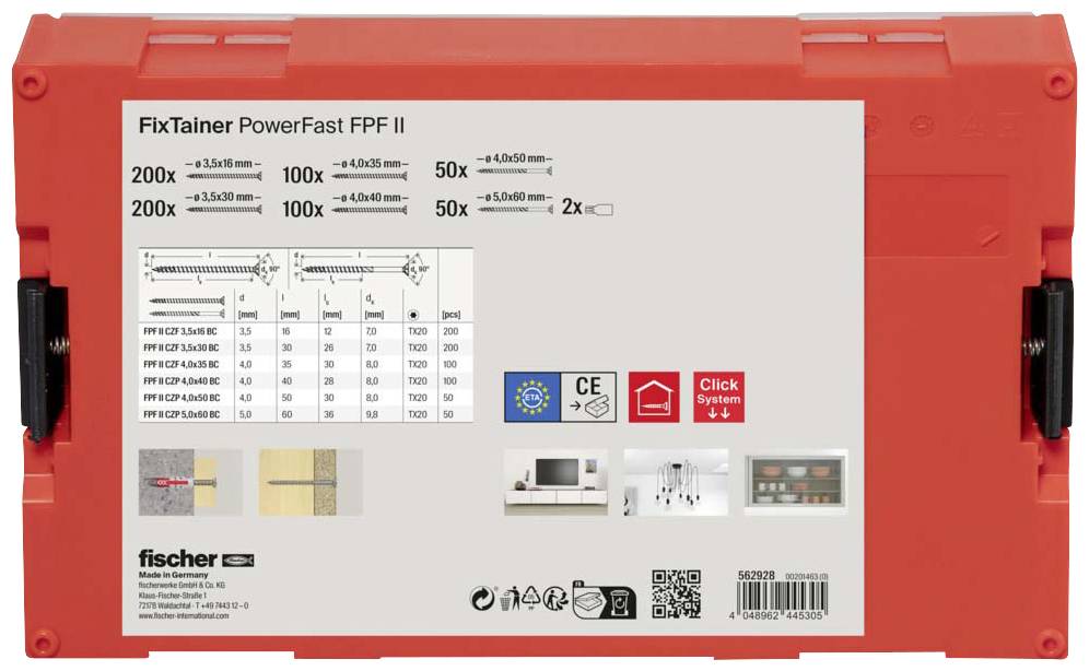 Kovová krabice 'FixTainer PowerFast FPF II' se sortimentem šroubů v různých velikostech, s návodem k použití a produktovými informacemi.