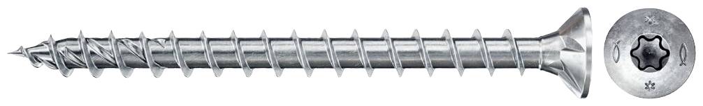 Detailní pohled na stříbrný zápustný šroub s křížovou drážkou. Má hrubý závit a hladký povrch.