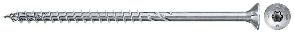 Stříbrný šroub s Torx drážkou, válcovým závitem a zápustnou hlavou, vhodný pro upevnění kovových dílů.
