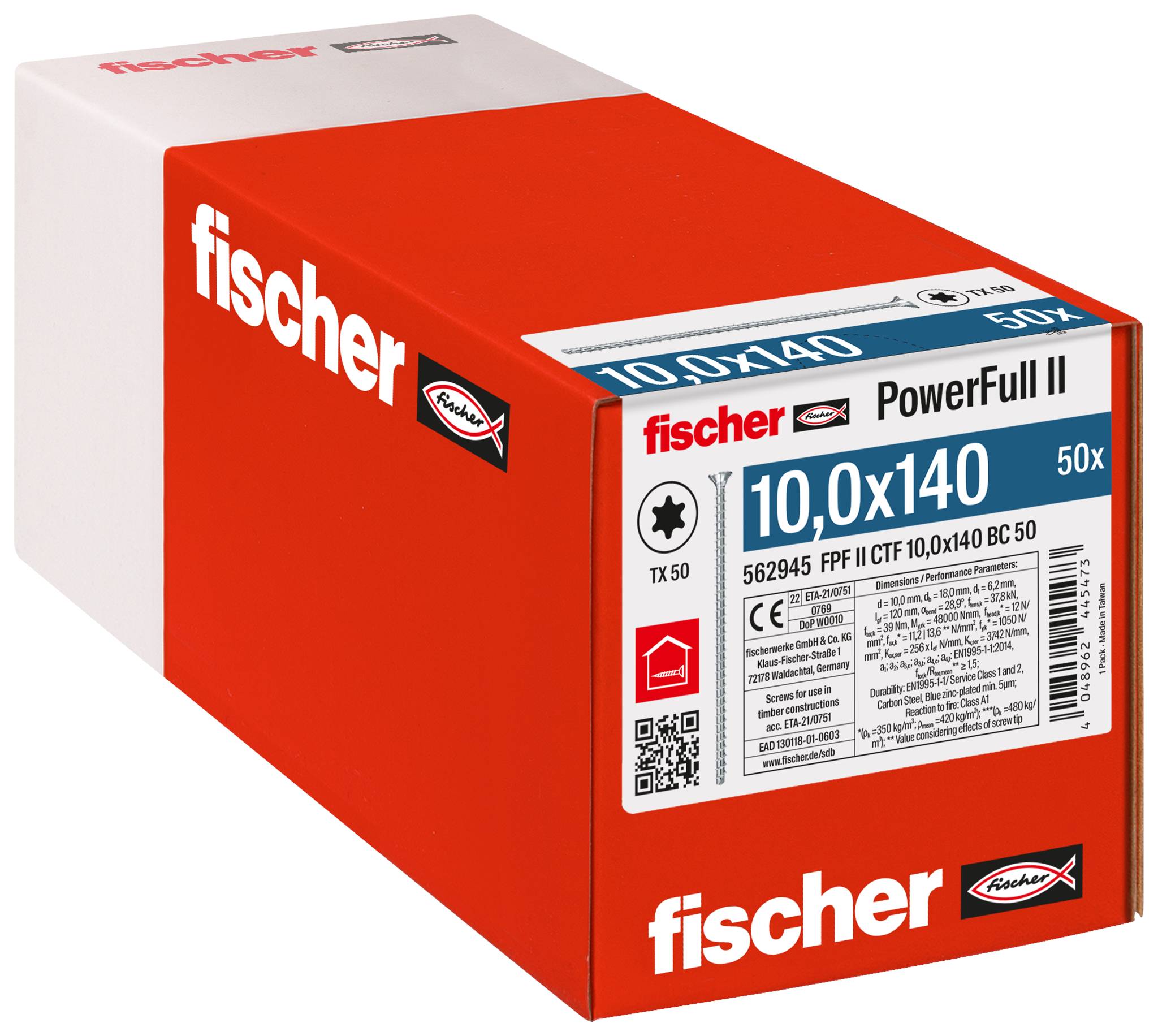 Krabice Red Fischer PowerFull II označená '10,0x140' a '50x' s detaily produktu na přední straně.