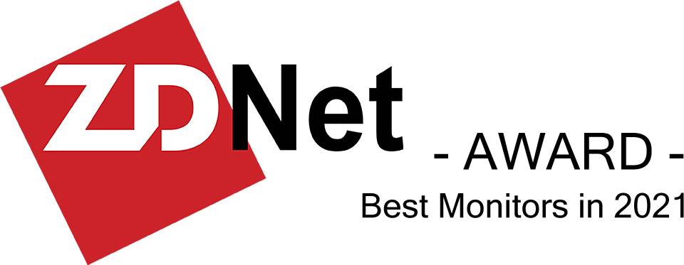 Cena ZDNet - Nejlepší monitory roku 2021 na červeném a černém pozadí.