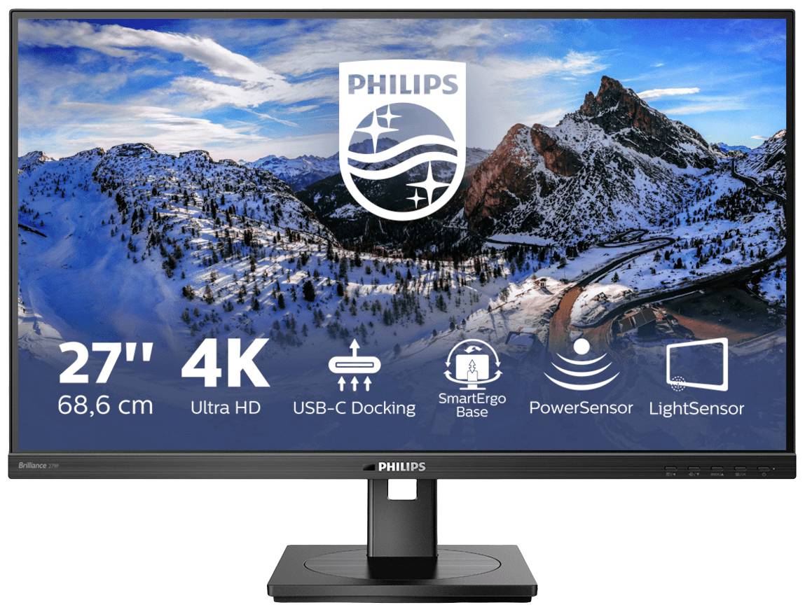 Philips monitor, 27 palců, s rozlišením 4K. Funkce: Ultra HD, USB-C dokovací stanice, SmartErgoBase, PowerSensor, LightSensor.