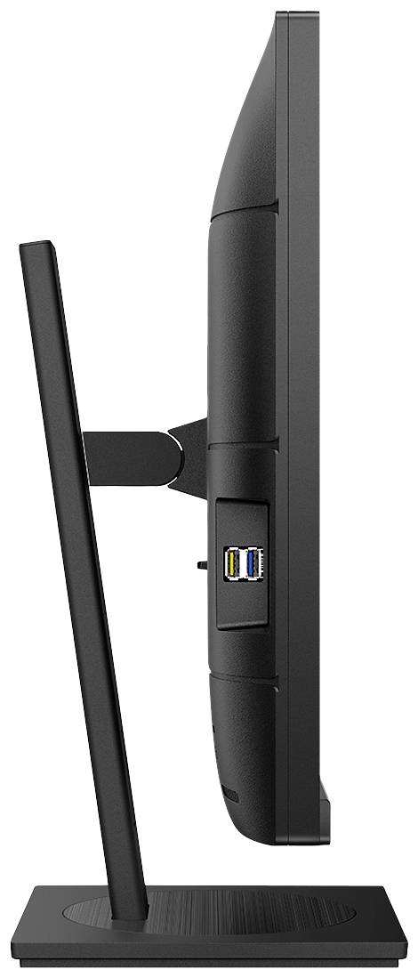 Boční pohled na štíhlý černý počítačový monitor s obdélníkovým stojanem. Jsou viditelné dva USB porty.