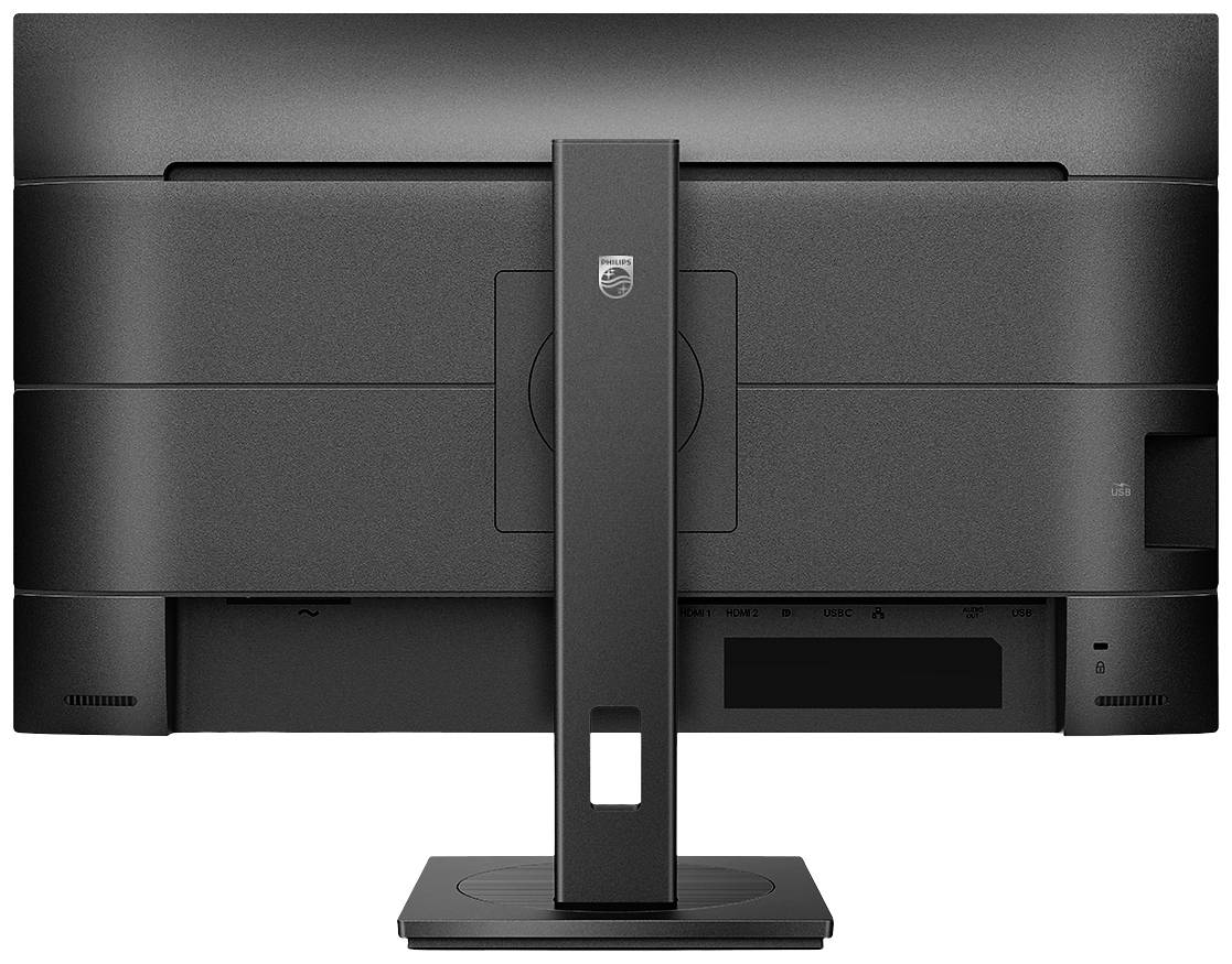 Černý počítačový monitor zezadu, umístěný na obdélníkovém stojanu. Jsou vidět větrací otvory a konektory.