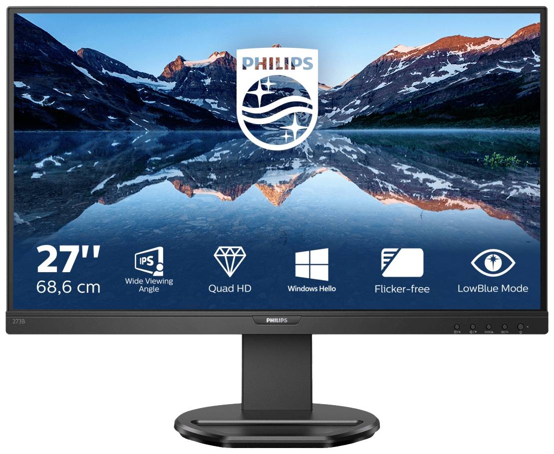 27palcový monitor Philips zobrazuje horskou krajinu, přičemž jsou propagovány funkce jako IPS, Quad HD, Windows Hello, bez blikání a LowBlue Mode.