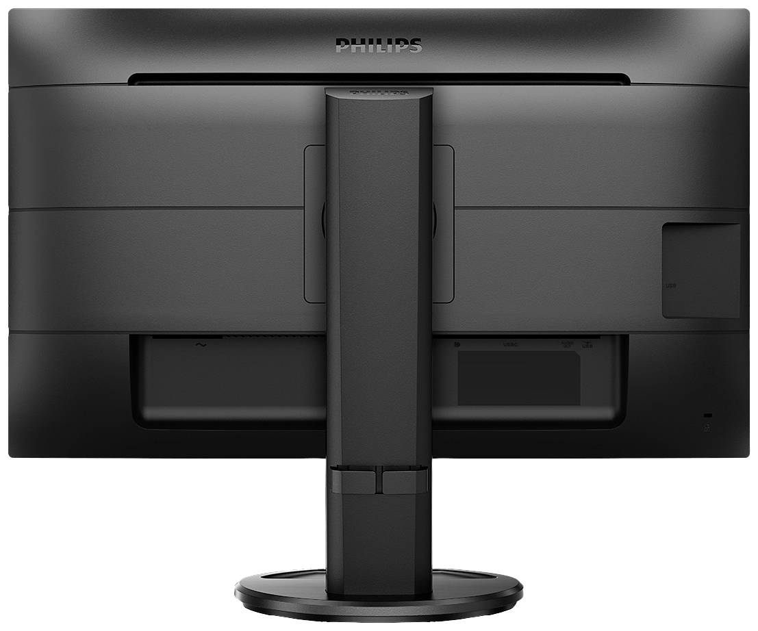 Černý počítačový monitor pohledem zezadu. Design je jednoduchý a funkční, s nastavitelným stojanem.