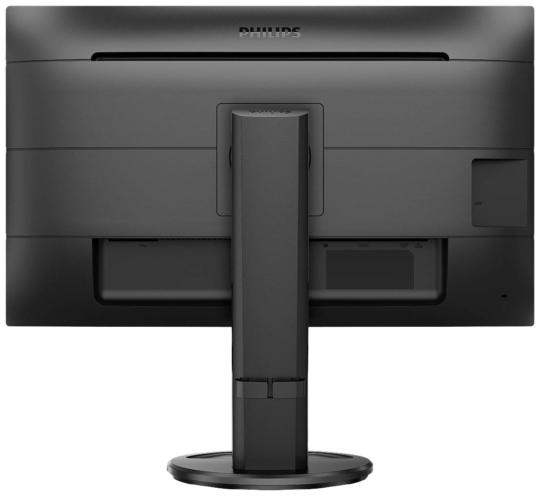 Pohled zezadu na černý monitor Philips s obdélníkovým stojanem.