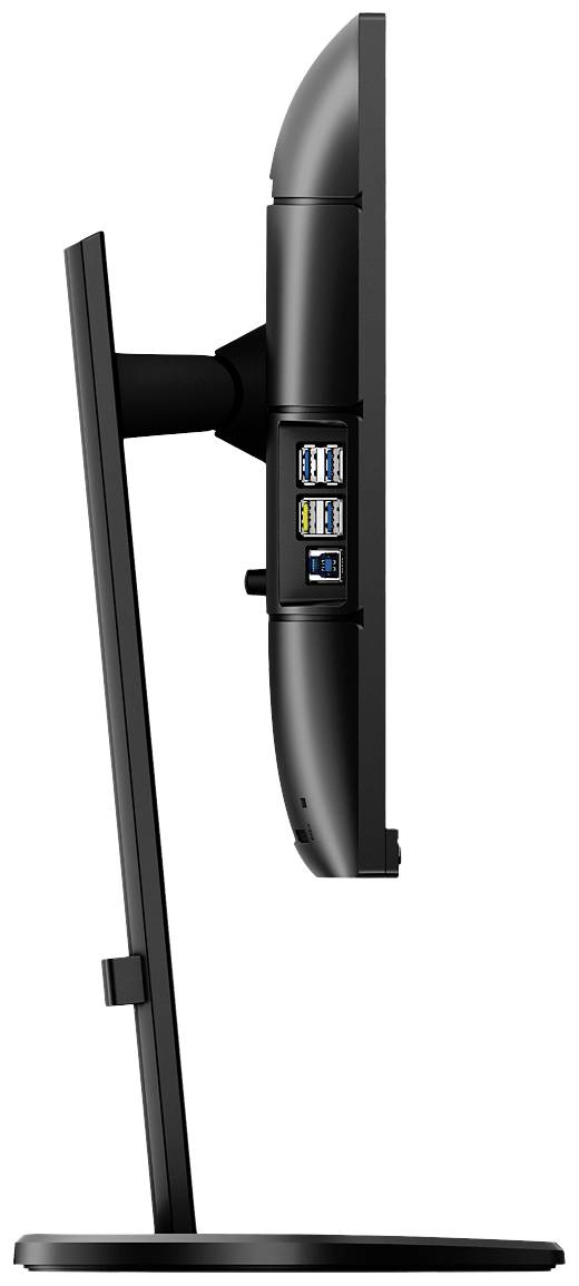 Boční pohled na počítačový monitor s několika USB porty na zadní straně obrazovky.