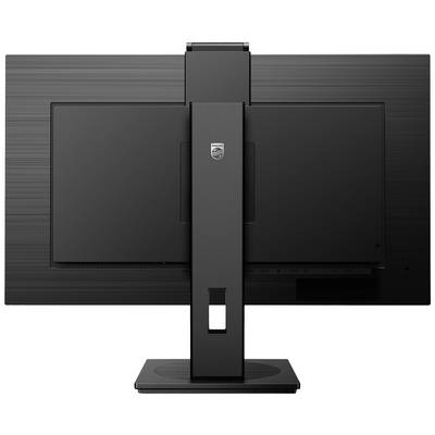 Monitor z pohledu zezadu, připevněný na černém obdélníkovém stojanu. Design je jednoduchý a moderní.