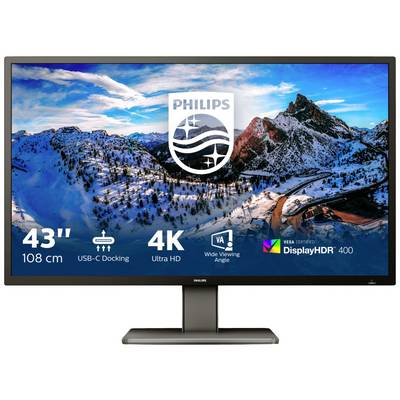 43palcový monitor Philips zobrazuje horskou krajinu. Detaily: USB-C dokovací stanice, 4K Ultra HD, VA wide viewing angle, DisplayHDR 400.