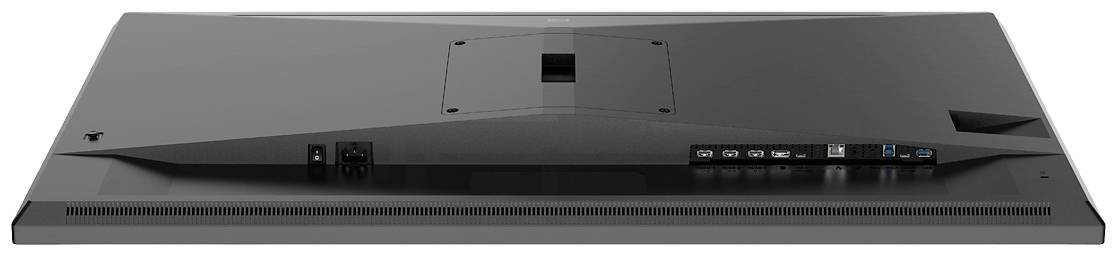 Monitor zobrazuje zadní stranu s různými konektory, včetně HDMI, USB a DisplayPort, a také větrací otvory.