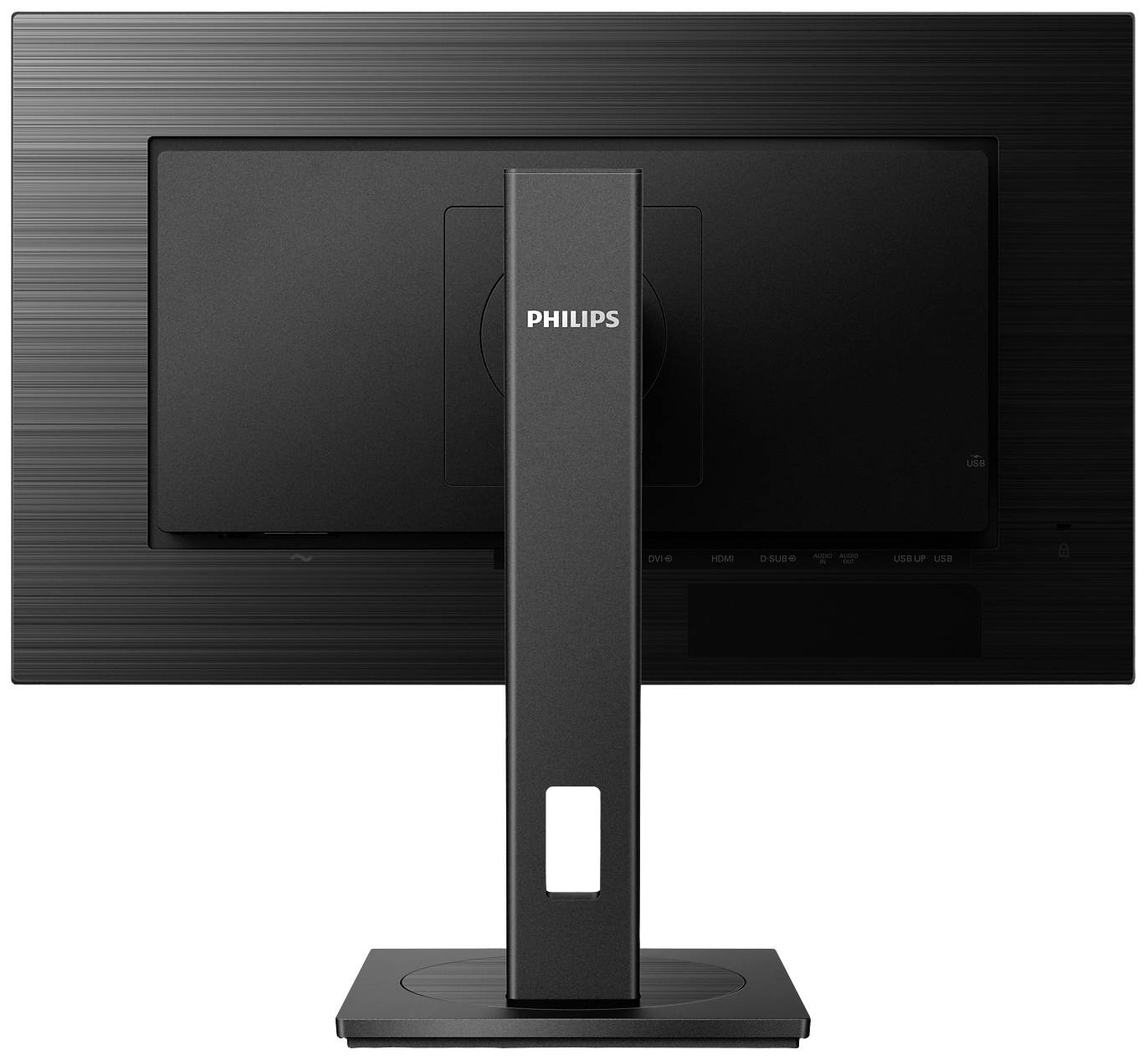 Pohled zezadu na černý počítačový monitor Philips na stojanu, s minimalistickým designem, bez viditelných konektorů nebo kabelů.