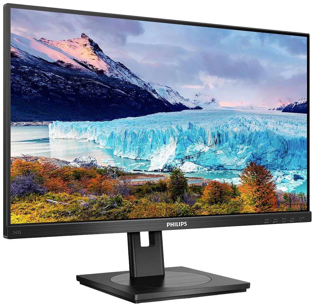 Počítačový monitor od Philips zobrazuje živý krajinný obraz se zasněženými horami, ledovcem a podzimními stromy v popředí.