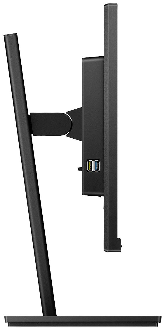 Černý počítačový monitor zobrazený z boku; tenký design na pravoúhlém podstavci. Dva USB porty viditelné na zadní straně.