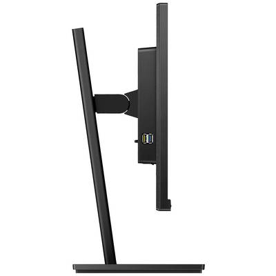 Černý počítačový monitor zobrazený z boku; tenký design na pravoúhlém podstavci. Dva USB porty viditelné na zadní straně.