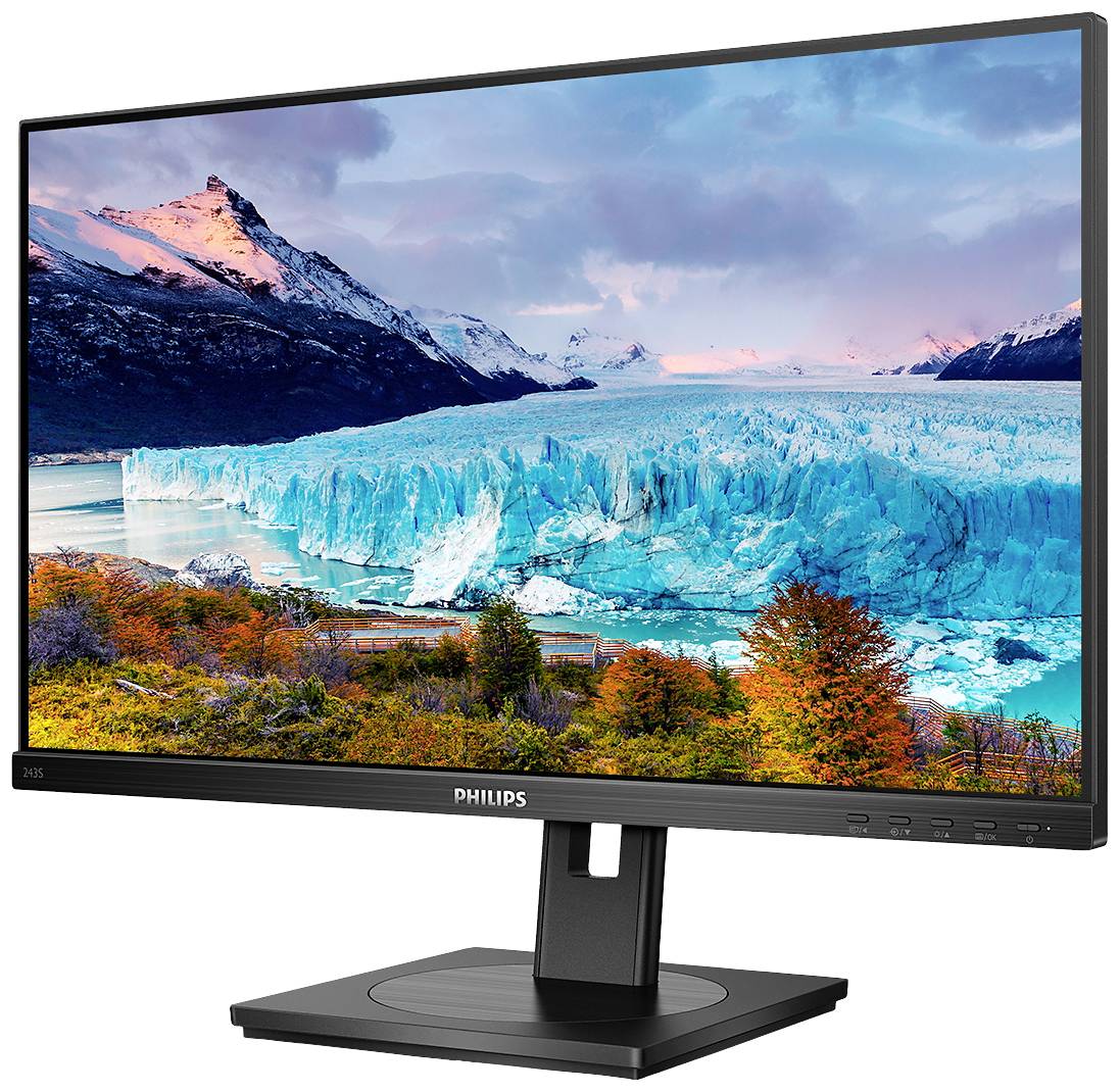 Monitor zobrazuje fotorealistický obraz zasněžených hor a ledovce s podzimně zbarvenými stromy v popředí.