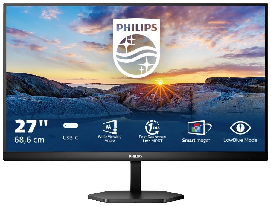 Monitor s 27palcovým displejem, zobrazující západ slunce nad krajinou. Logo značky nahoře. Symboly: USB-C, V-Úhel, odezva 1 ms, SmartImage, Režim LowBlue