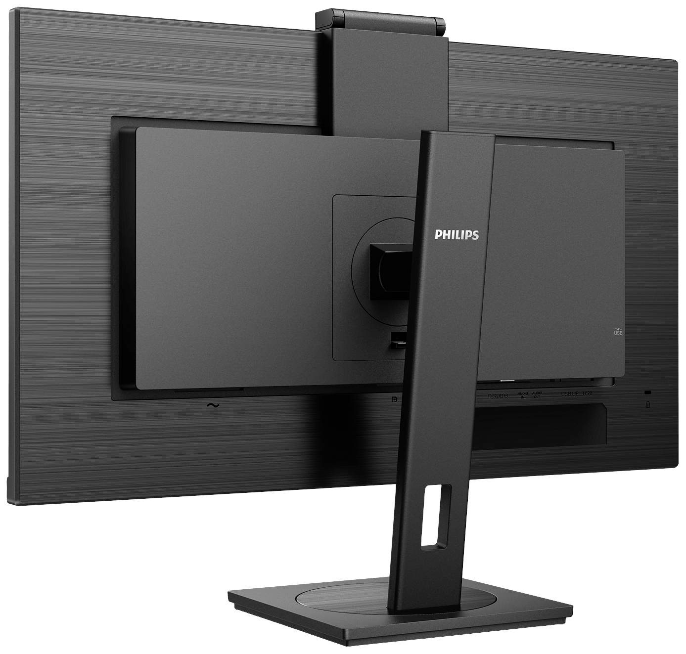 Pohled zezadu na monitor značky Philips s nastavitelným stojanem a štíhlým designem; důraz na ergonomii a styl.