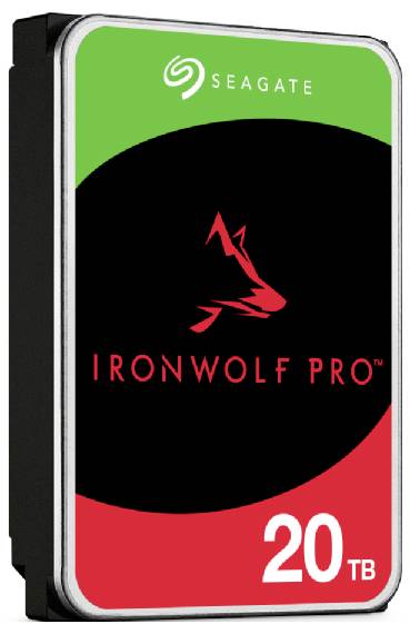 Externí pevný disk s 20 TB úložným prostorem, značka 'Seagate IronWolf Pro'.