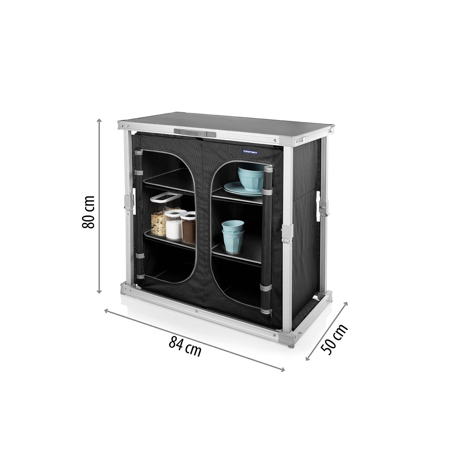 Skládací kempingový kuchyňský stolek s černými textilními stěnami, dvěma otevřenými policemi na kempingové nádobí o rozměrech 84 cm x 80 cm x 50 cm.